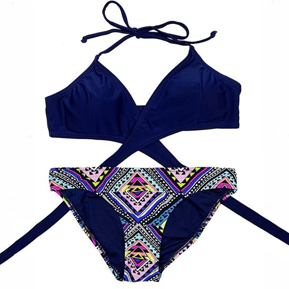 Tribal Print Crisscross Halter Wrap Hipster Bikini - Picture 5 of 6